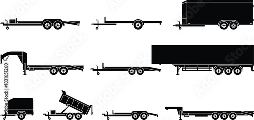 Trailer Silhouette Collection Featuring Flatbed, Dump, Cargo, and Gooseneck Designs for Transport, Construction, Logistics, and Vector Illustration Use