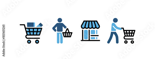 Icons depict shopping and retail concepts, including a full shopping cart, a person with a basket, a storefront, and a person pushing a cart.