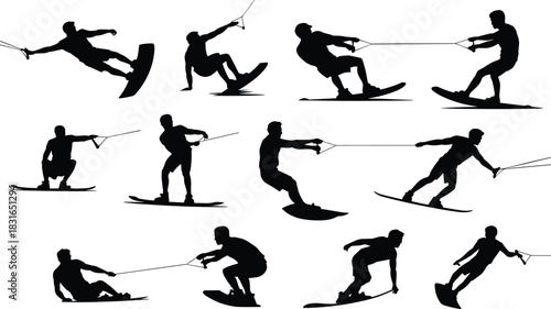 Water Sports Silhouette Collection Featuring Wakeboarding and Water Skiing Poses for Athletic, Recreational, and Vector Design Illustration Use