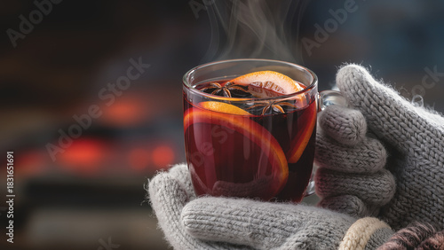 Close-up of hands holding mulled wine garnished with star anise, glowing embers in background, steam rising in cold air, wool mittens visible on the edge.