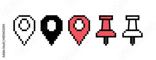 A collection of pixelated location markers and pushpins in outline, solid black, red, and white variations.