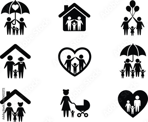 Collection of simple black silhouette icons representing family life security love and protection