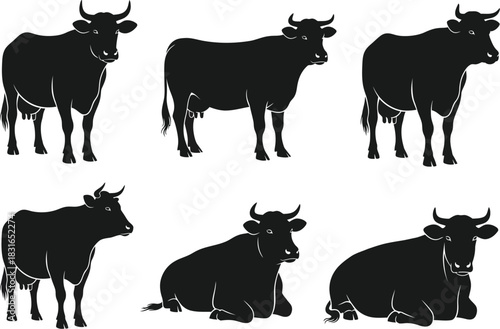 Collection of six black silhouette illustrations of cows in various standing and sitting poses with textured details
