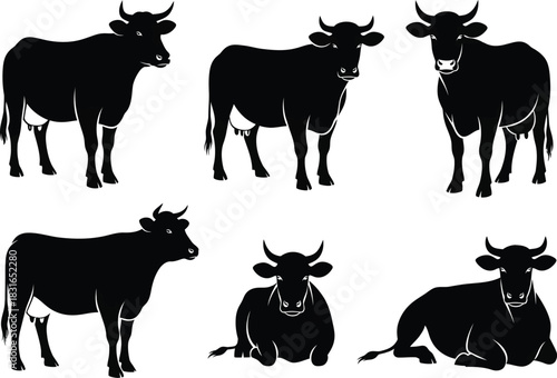 Collection of six black silhouette illustrations of various cow poses standing and sitting on white background