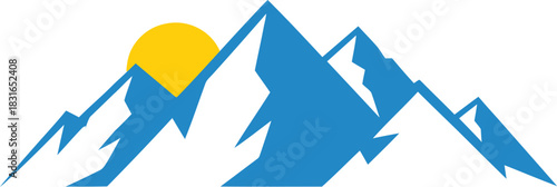 Stylized blue mountain peaks with a bright yellow sun rising over the summit