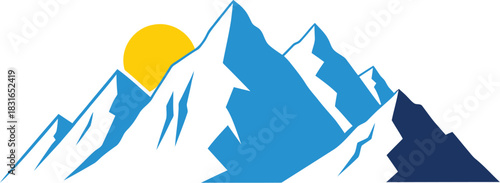 Majestic snow capped mountain range illuminated by a bright yellow sun on a clear day