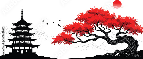 Striking silhouette of a japanese pagoda and a vibrant red maple tree under a setting sun