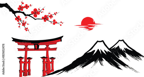 Traditional japanese art style depicting a red torii gate cherry blossoms mount fuji and a rising sun