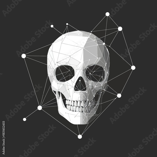 White polygonal human skull with connecting dots and lines on dark background 3D low poly geometric head digital illustration technology and anatomy concept vector image