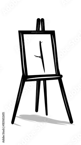Black and white minimalist sketch of artist easel with blank canvas standing on tripod legs with shadow vector illustration simple line art design