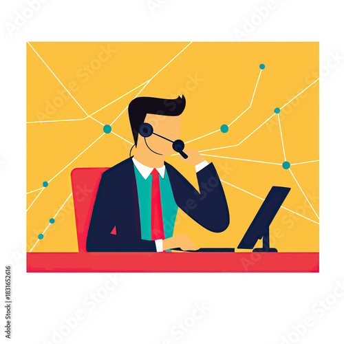 Business man call center agent wearing headset working on computer in modern office with network connection concept
