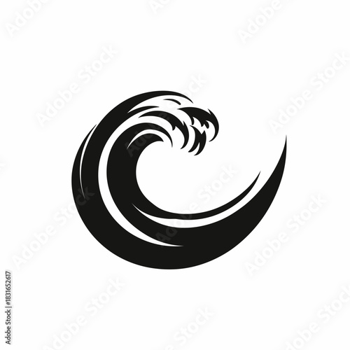 Minimalist black stylized ocean wave logo design in circular shape with bold curved lines and dynamic flowing water pattern