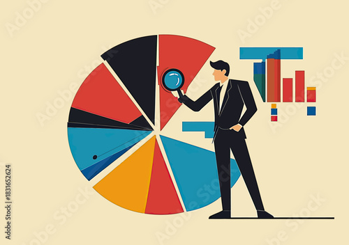 Businessman analyzing colorful pie chart and bar graph data with magnifying glass flat minimalist vector illustration for financial analytics and market research concepts