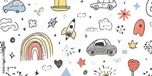 Hand drawn cute kids doodle icons with colorful rainbow, toy cars, rockets, stars, clouds, and floral elements in sketch style vector illustration background
