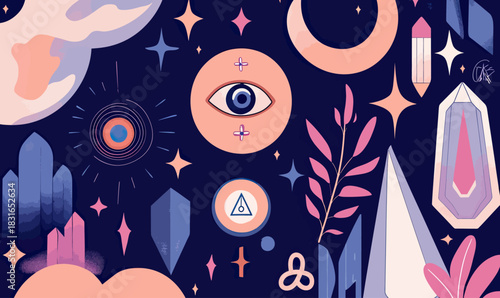 Mystical abstract vector illustration featuring crystals, magic eye symbols, crescent moon shapes, star and plant elements in flat minimalist spiritual design