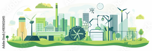 Sustainable green energy industry landscape with wind turbines solar panels factory buildings environmental technology minimal flat vector illustration