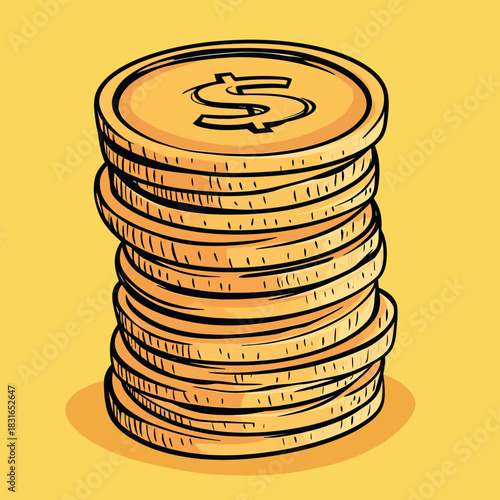 Hand drawn stack of golden coins with dollar symbol on top coin isolated on yellow background finance investment savings wealth concept money currency illustration vector