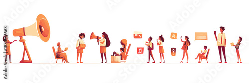 People using megaphones and digital devices for communication and social media promotion with icons of speech bubbles, music, and alerts on white background vector illustration