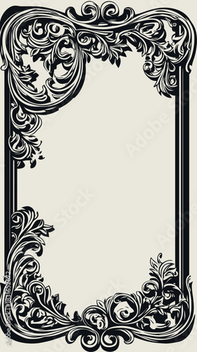 Ornate vintage decorative frame with intricate black floral scrollwork and baroque style elements in elegant rectangular border design for invitations certificates and artwork backgrounds