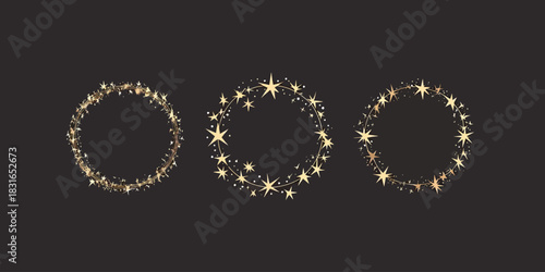 Set of three circular glitter star frames with sparkling gold light effects and minimalist cosmic sparkle wreath design on dark background