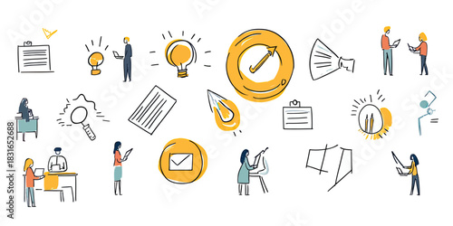 Hand drawn business office icons set with people working, light bulbs, documents, target, magnifying glass, and communication symbols in doodle style vector illustration