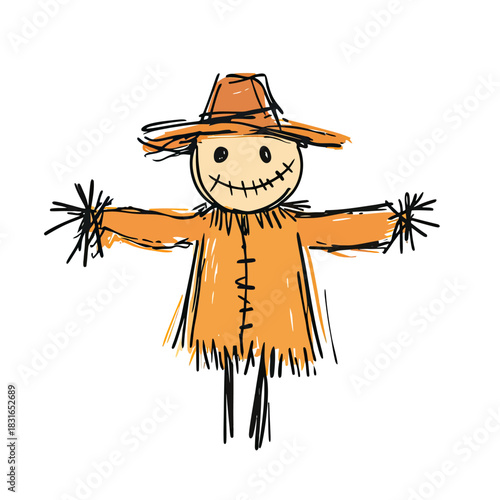 Hand drawn scarecrow with stitched smile wearing orange hat and tattered shirt doodle sketch isolated white background autumn farm harvest decoration vector illustration