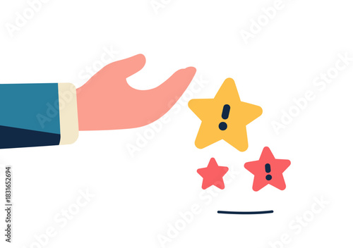 Businessman hand holding yellow star among red stars with exclamation marks alert concept flat minimal vector illustration