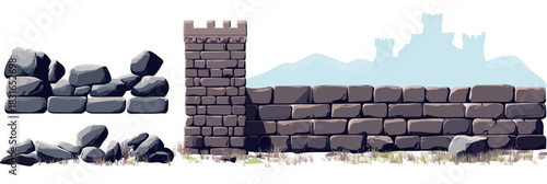 Stone wall set with aged rock tower and broken fence pieces in flat minimalist vector illustration with faded castle silhouette background for medieval architecture design concept