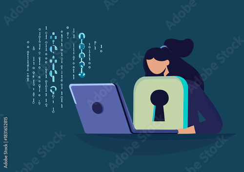 Programmer woman working on laptop with digital lock security and coding symbols data protection cyber security concept flat minimalist vector illustration