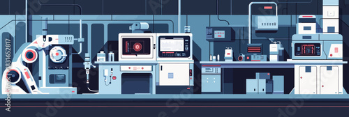 futuristic laboratory interior with advanced robotic arms high tech electronics control panels scientific devices minimalistic vector illustration technology equipment innovation