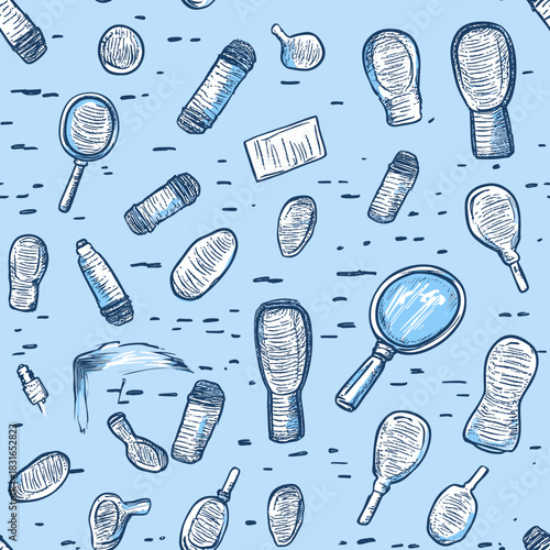Seamless detective investigation pattern with hand drawn fingerprint, magnifying glass, footprints, and crime scene evidence doodle on blue background vector illustration