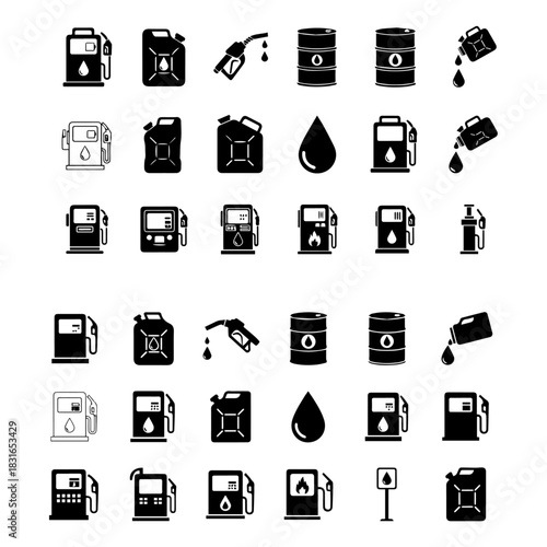 Fuel icon set. Gas station icons or signs. Engine oil icon symbol. Transport collection, petrol fuel silhouette set