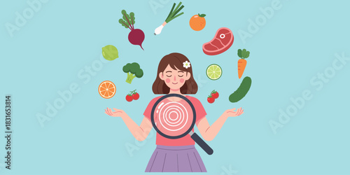 Healthy eating, nutrition awareness, mindful food choices, balanced diet, digestive health, organic vegetables, wellness lifestyle, clean eating, flat vector illustration