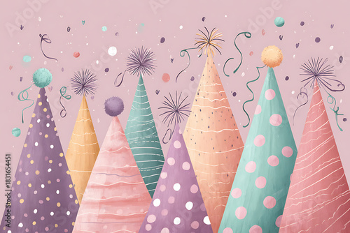 Stylish party hats creating a festive, celebratory atmosphere perfect for birthdays, new year's eve, or any special occasion, watercolor design
