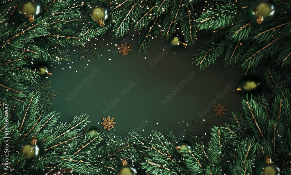 Fototapeta premium Festive Christmas background featuring lush green fir branches decorated with elegant dark green baubles, golden accents. Christmas background with copy space. 3D Rendering, 3D Illustration