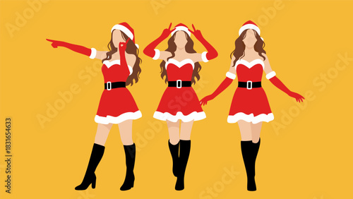 Festive Holiday Fashion Three Women in Santa-Inspired Outfits Posing Playfully on a Vibrant Yellow Background
