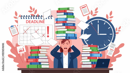 Overwhelmed Office Worker Buried in Paperwork Facing Deadlines and Time Pressure with Stress and Pressure