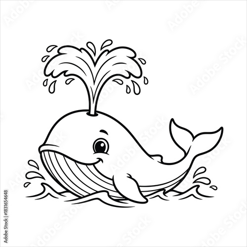 A Whale spouting water into the air black line art, white background