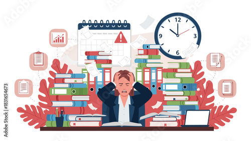 Stressed office worker buried in paperwork and binders, facing a deadline. Business burnout and overload concept vector illustration. cc