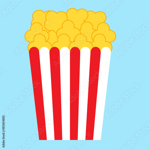 Popcorn in a red stripe box.Food cinema movie film isolated on blue background.Sign, symbol, icon and logo.Snack food.Popcorn in paper buckets red and white striped.Flat design.Vector illustration.