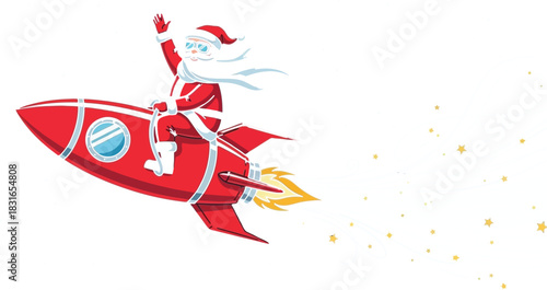 Santa claus riding a rocket through space delivering christmas gifts to everyone