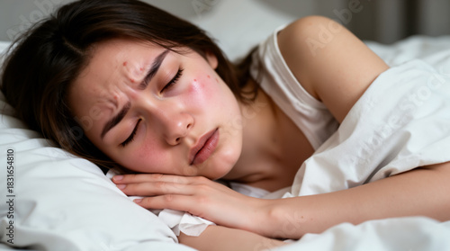 A young woman rests uncomfortably in bed, showing a grimacing expression, facial redness, and irritation, suggesting sickness, flu symptoms, or fever.