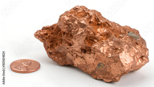 Valokuva Large raw nugget of native copper mineral specimen shown next to a small coin fo