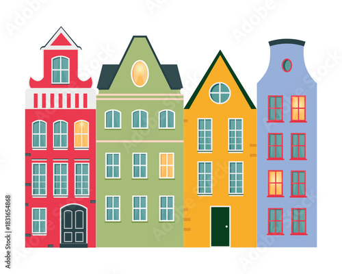 Colorful European townhouses in a bright vector style. Charming city facades, festive mood, cozy street row, perfect for holiday and urban designs.
