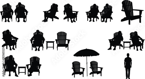 Adirondack Chair Silhouette Collection Featuring Outdoor Seating, People Interacting, Tables, and Umbrella for Leisure, Garden, and Vector Design Use