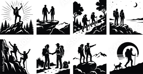 Adventure Hiking Silhouette Collection Featuring Nature Scenes, Mountain Exploration, Teamwork, and Outdoor Travel Moments for Wilderness-Themed Vector Designs