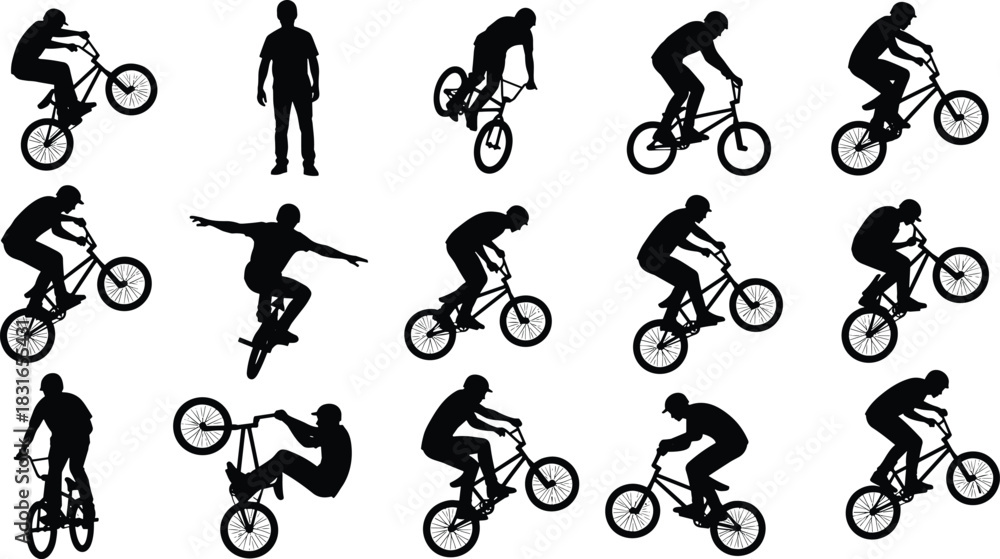 Fototapeta premium Black Silhouettes of BMX Riders Performing Tricks – Vector Set for Extreme Sports, Stunt Graphics, and Athletic Motion Design Projects