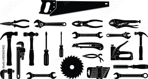 Black Silhouette Collection of Hand Tools for Construction, Repair, Carpentry, and Mechanical Work on White Background – Vector Illustration