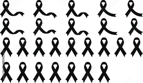 Black awareness ribbon silhouette set featuring 25 unique loop designs symbolizing mourning, remembrance, support, and cause-related solidarity