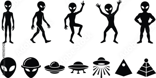 Black Silhouettes of Aliens, UFOs, and Pyramids – Vector Set for Sci-Fi, Extraterrestrial, Futuristic, and Mystery-Themed Design Projects